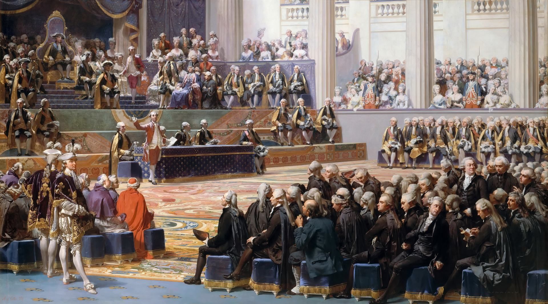 This is a painting by Auguste Couder that meticulously captures the commencement of the Estates-General in Versailles at the dawn of the French Revolution. The grand hall is filled with light, emphasizing the detailed architecture and the opulent decoration of the era. Multiple groups are depicted: the clergy in white robes, the nobility in opulent attire, and the commoners, appearing more modestly dressed. The focal point is the center, where a speaker stands before the assembly, addressing the gathered estates. King Louis XVI and Queen Marie Antoinette are portrayed seated in a balcony above, surrounded by courtiers and dignitaries. The assembly members, arrayed in benches according to their respective estates, are shown in various states of attention and discussion, reflecting the social and political tensions of the time. The atmosphere is one of anticipation and gravity, as this meeting would set the stage for monumental changes in French society.